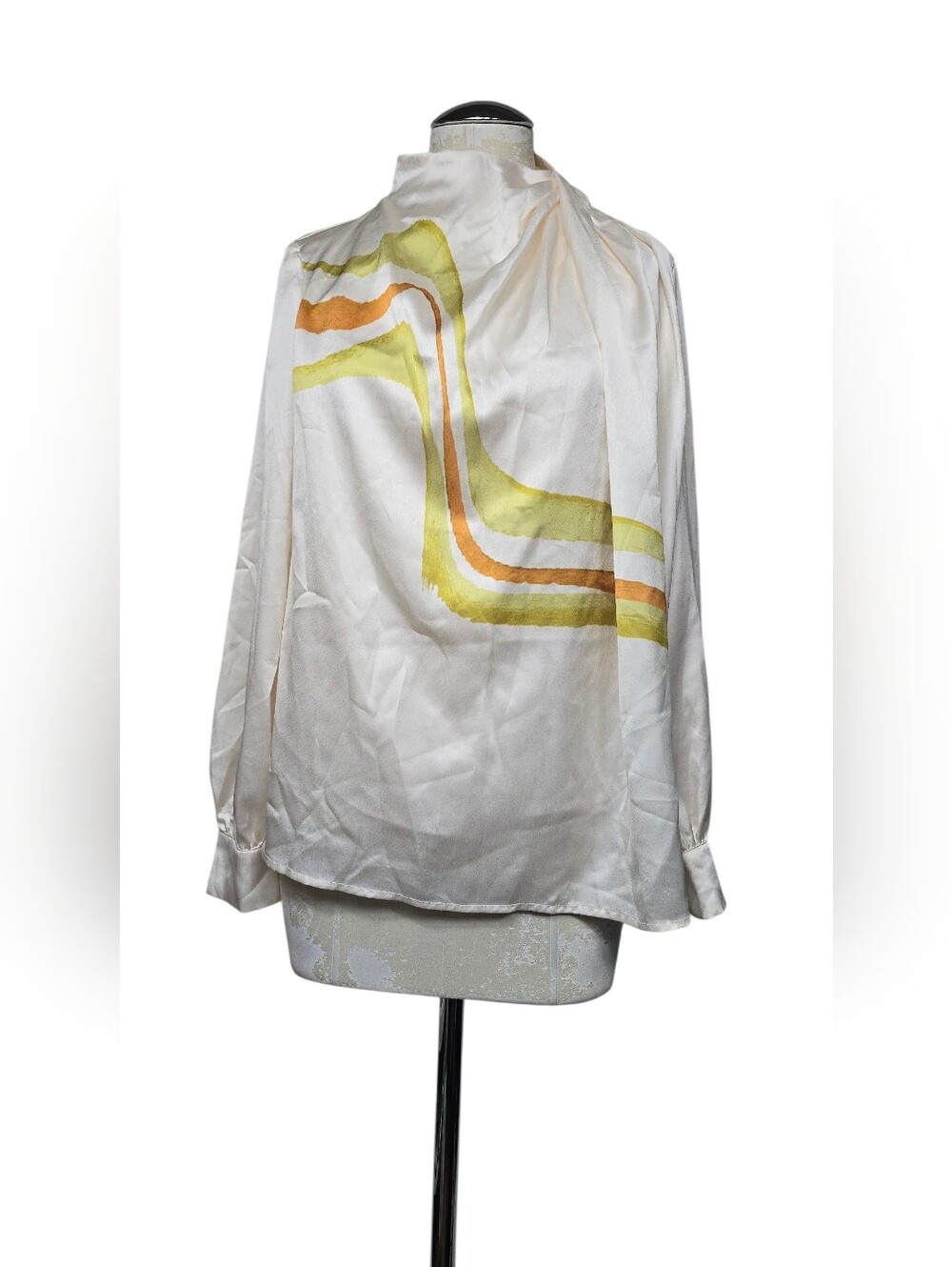 MOTF Satin High Neck Blouse Off White Abstract Wave Print Womens S